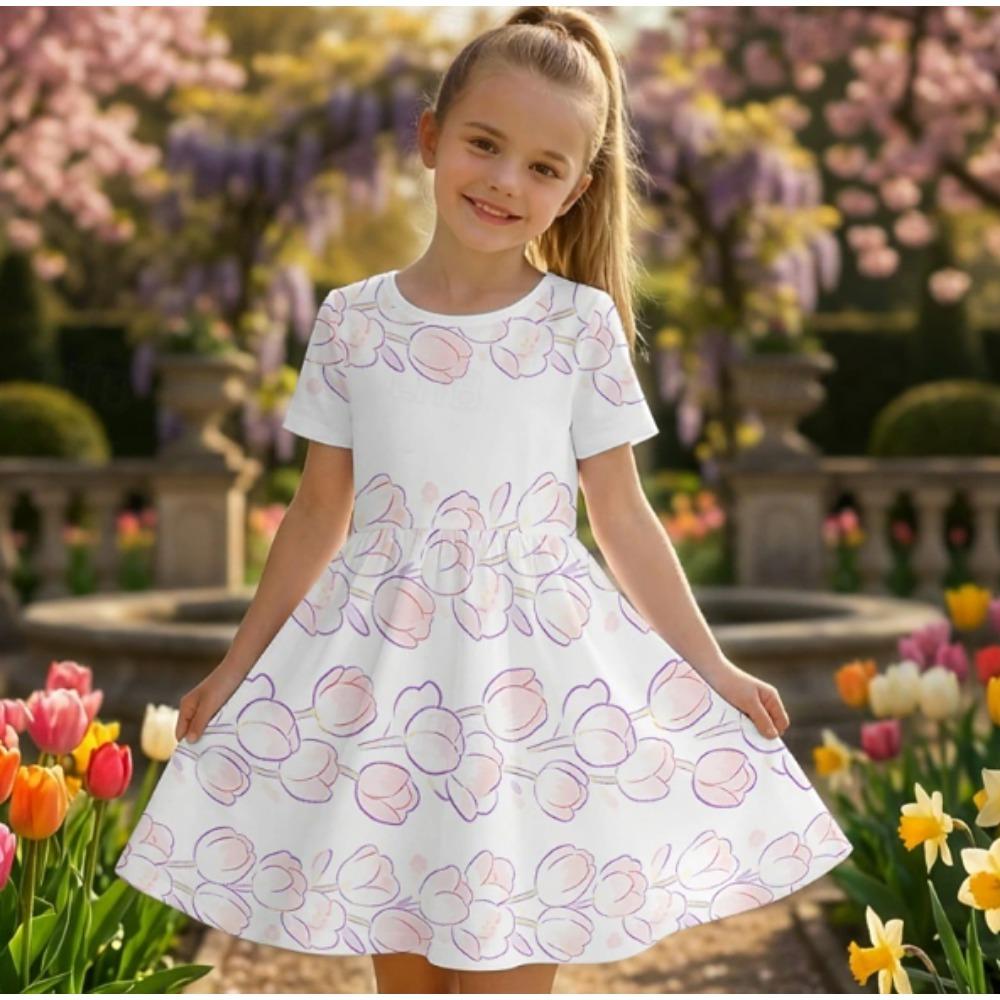 Mädchen 3D-Druckkleider Kinder Mädchen Party Kurzarm Prinzessinnenkleid Tanktop 3D Blumenaufdruck Kleid
