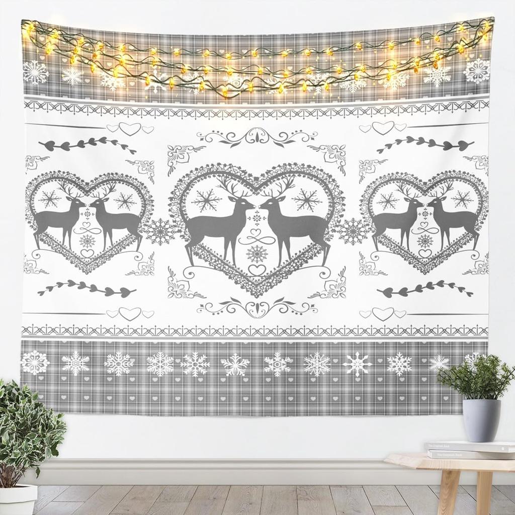 Merry Christmas Tapestry Reindeer Wall Hanging Blanket Damask Pattern Wall Art For Living Room Bedroom Decoration Snowflake