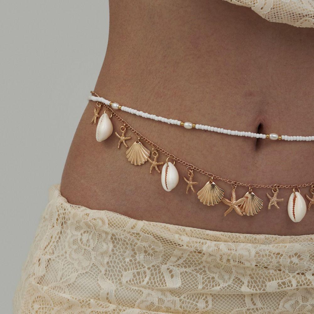 Imitation Pearl Conch Pendant Waist Chain Bohemia Style Body Chain Beach Shell Waist Chain  Women