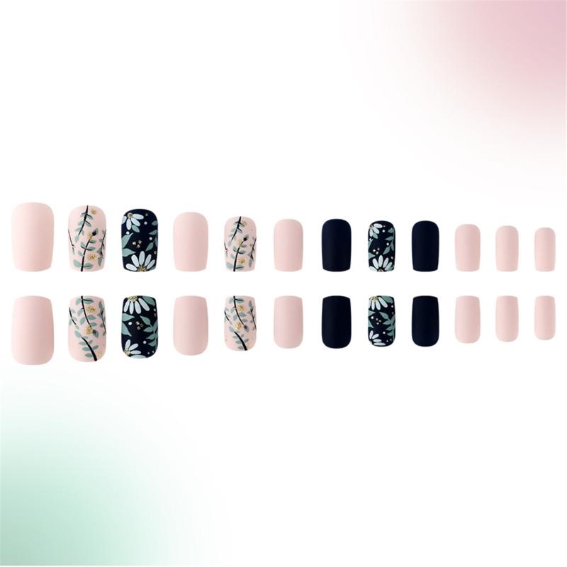 24 Pcs Autumn Winter Press On Nails Square Artificial Nails Glittering Full Cover Stick on Nails Petals False Nails