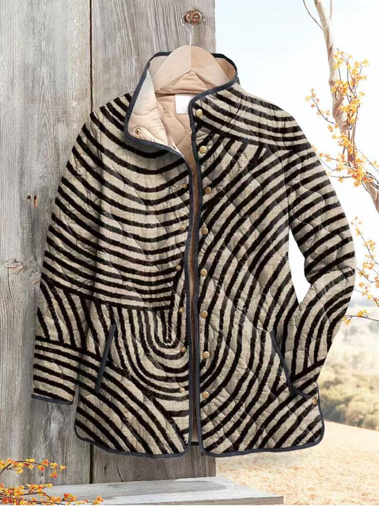 Women's Tropical Leaf Print Quilted Jacket Stand Collar Button Down Contrast Trim Casual Coat
