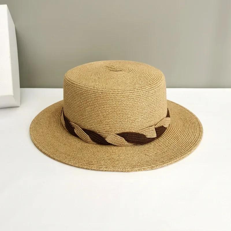 2025 French Straw Sun Hat - Women's Elegant Wide Brim Flat Top for Beach & Travel, Spring Summer UV Protection