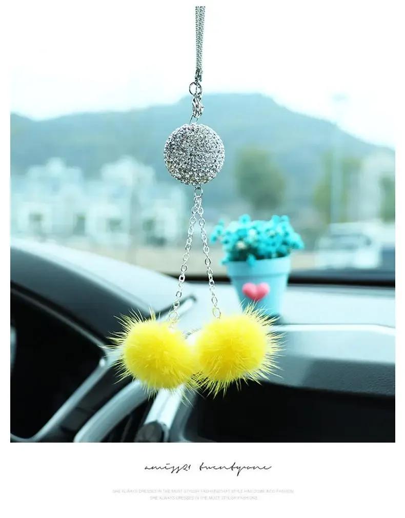 Pendentif créatif en forme de cœur pêche pour rétroviseur, boule de cristal et de diamant, style pompon, décoration de voiture