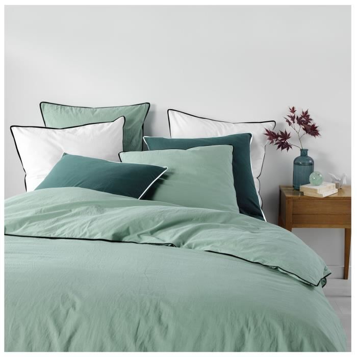 Parure housse de couette - Lanette - Sauge - 260 x 240 cm - 100% Coton lave - 2 Taies d'oreiller