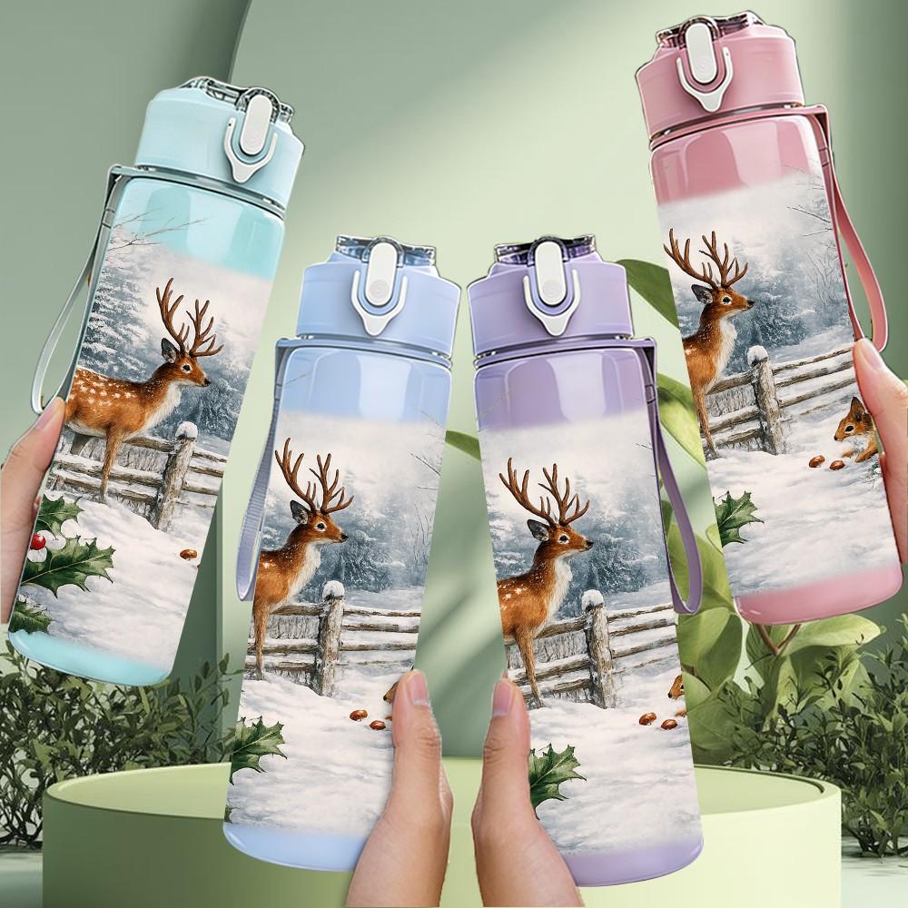 1PC Winter Deer Snow Forest 750ml Color Plastic Sports Water Bottle Leakproof Flip Straw Lid Suitable for Sports Office Home Use