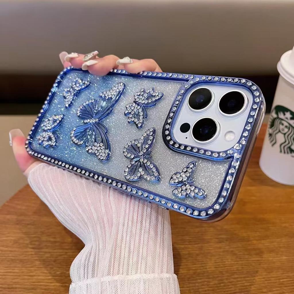 Rhinestone Butterfly Suitable for Apple 16PROMAX Mobile Phone Case Iphone15 Flash Powder 14 Anti-fall Protective Case for Women