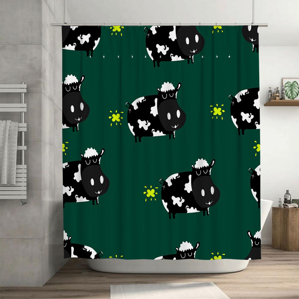 Adorable Farm Animal Shower Curtain Set Black Sheep Pattern Green Background With White Patches For Bathroom Decor