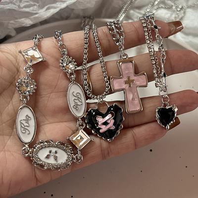 Harajuku Punk Liebesherz Strasssteine Gothic Titanstahl Halskette für Damen Neu Cooles Mädchen Party Schmuck Geschenke für Freundin