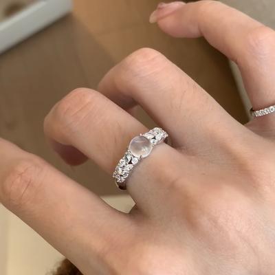 Chinese Ice Type Ice-Permeable Chalcedony Pigeon Egg Opening Ring, Water Foam Jade Cold Feeling Full Of Diamonds, Exquisite Super Flash Ring