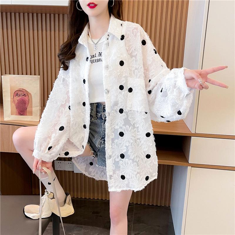 

Большого размера, Тонкая солнцезащитная одежда с кисточками в горошек, Свободная рубашка для весны и осени, Стиль средней длины 2XL белый