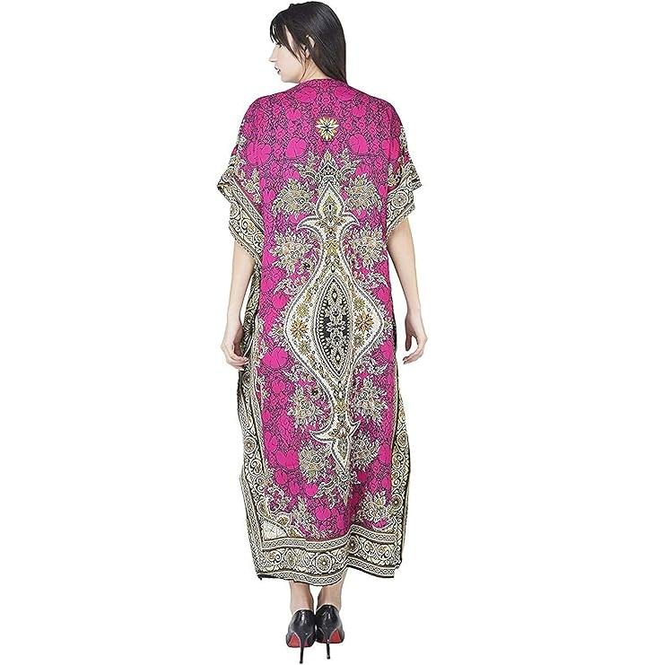 TreegoArt Fashion Women's Polyester Long Kaftan Caftan Printed Adjustable Boho Dress Nightwear Maxi Gown
