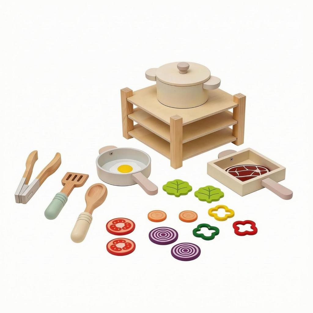 Wooden Play Kitchen Rounded Shapes Cooking Set FoodShaped RolePlay