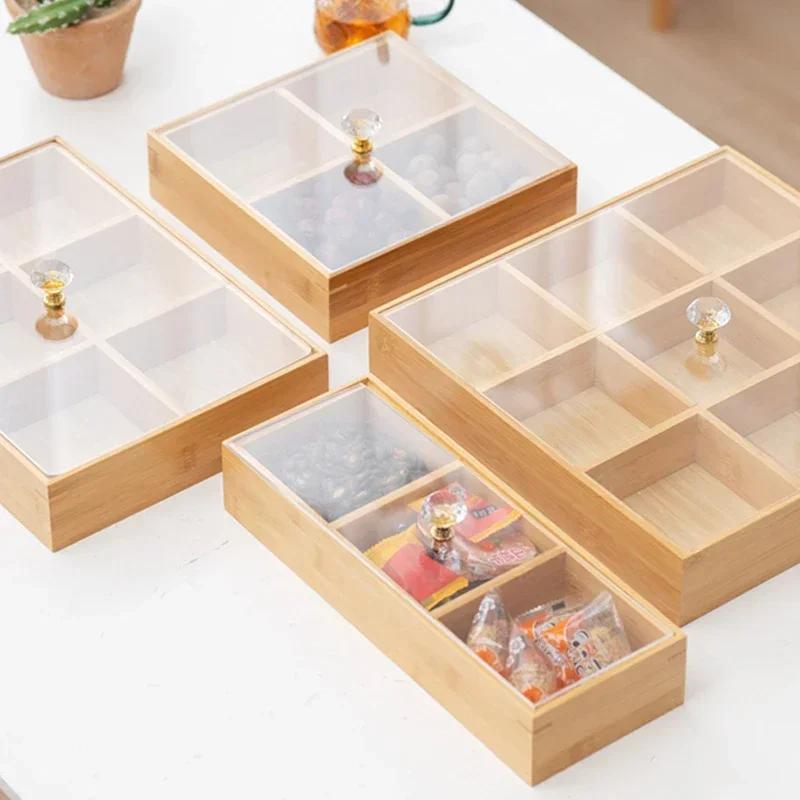 Wooden Bamboo Partition Tray With Cover Nuts Dried Fruit Candy Holder Party Indoor Outdoor Appetizer Food Serving Plate Supply