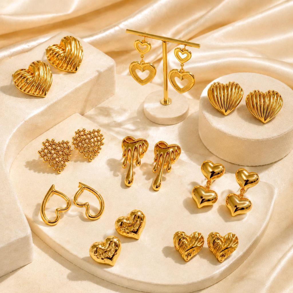 High-End Heart-Shaped Gold Earring with Stainless Steel