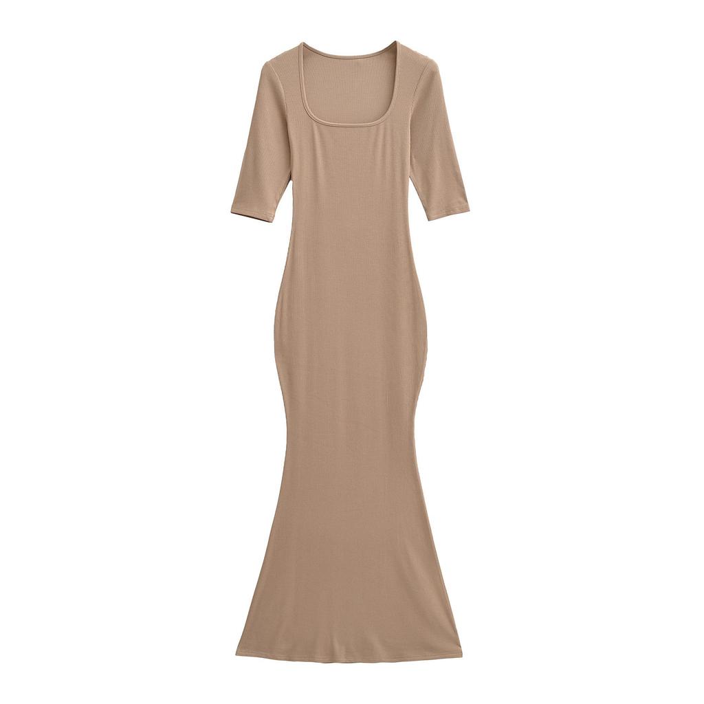 Spicy Girl Slim-Fit Trapezoid Neck Mid-Sleeve Fishtail Dress - Waist-Cinching, Figure-Flattering Skirt