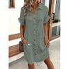 Summer Casual V-Neck Shirt Dress with Pockets and Button Front