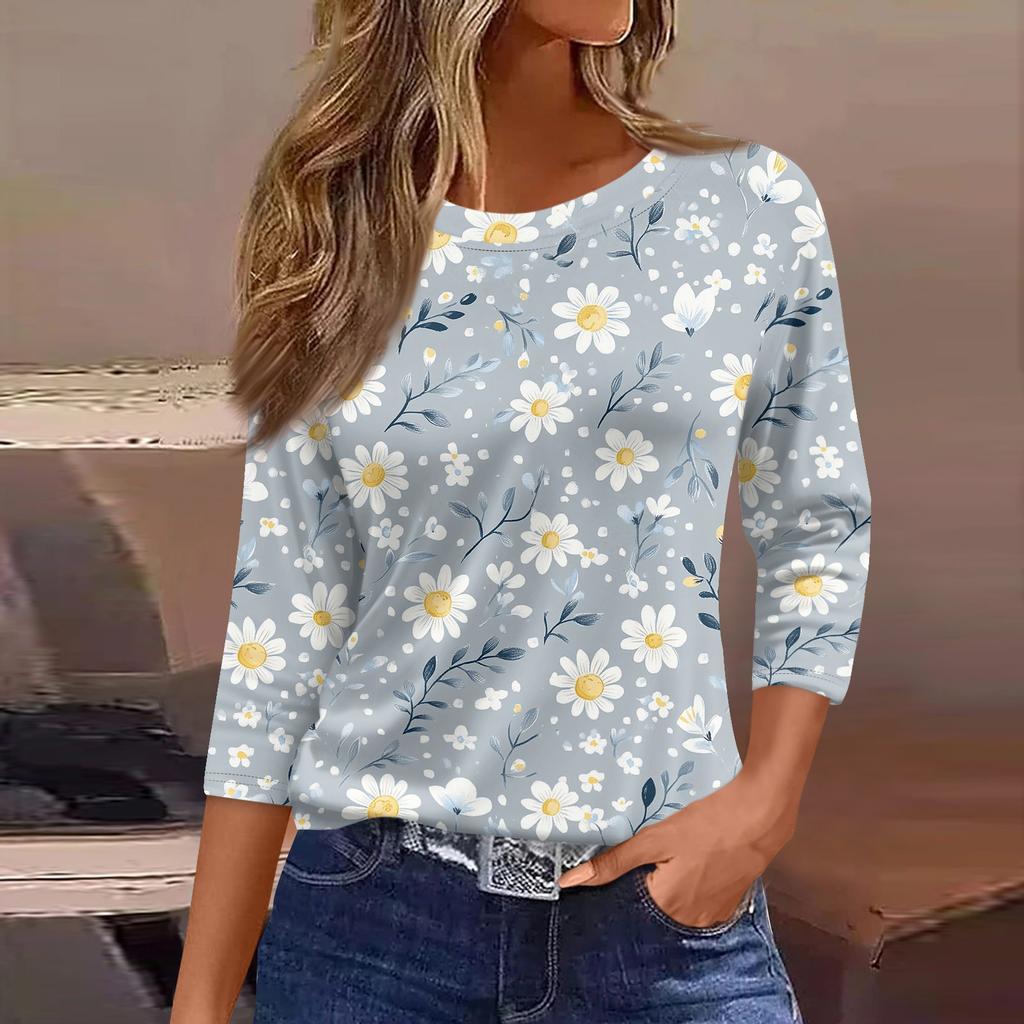 Women's Three-Quarter Sleeve Shirt, Round Neck, Loose Fit, Casual Shirt, Floral Print T-Shirt, Summer