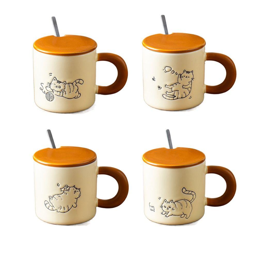 Hand Drawn Ceramic Coffee Cup with Spoon Water Cup with Lid Cartoon Cat Drinkware  Milk