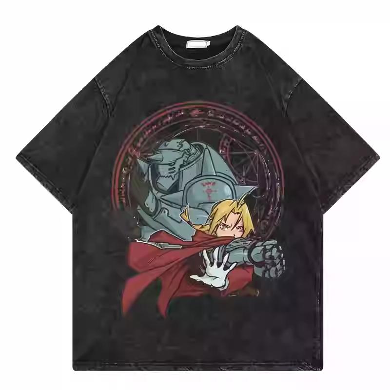 Anime Fullmetal Alchemist Brotherhood Cornice Gotica Fratelli Stampa Grafica T-Shirt Uomo Donna retro Lavato Girocollo Cotone Oversize streetwear moda Top
