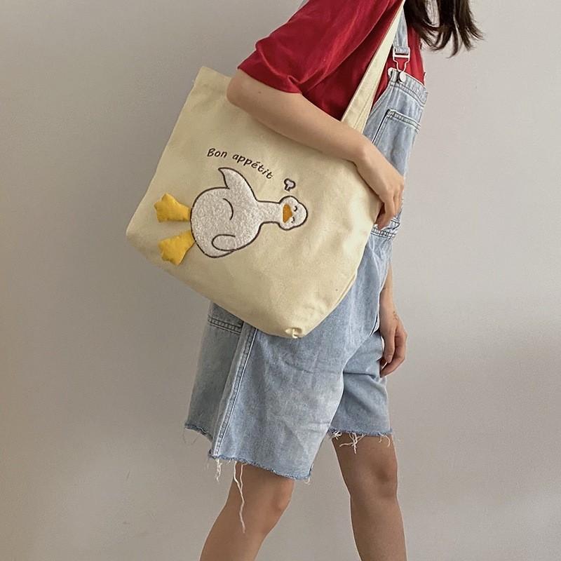 Adorable Duck Pattern Canvas Carryall With Inner Zipper Pocket For Commuting