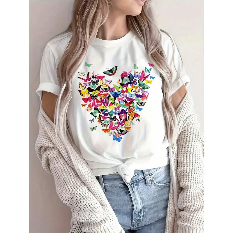 

European Size Women s Semi-Sheer Round Neck Short-Sleeve Blouse with Color-Blocking & Multicolor Butterfly Print - Casual Semi S белый