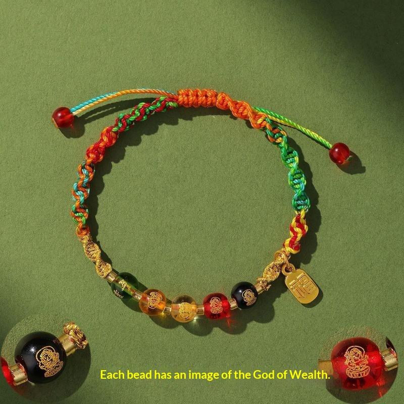 Handwoven Adjustable Colorful Lucky String Bracelet With Engraved Wealth Beads Golden Fu Pendant For Festival Gifting Daily Wear