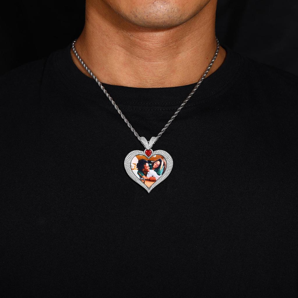 Heart-Shaped Hip Hop DIY Photo Pendant with Zircon Inlay – Customizable and Trendy