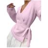 Womens V-Neck Cross Wrap Knit Sweater With Tie Detail Long Sleeve Relaxed Fit Cropped Pullover Casual Streetwear