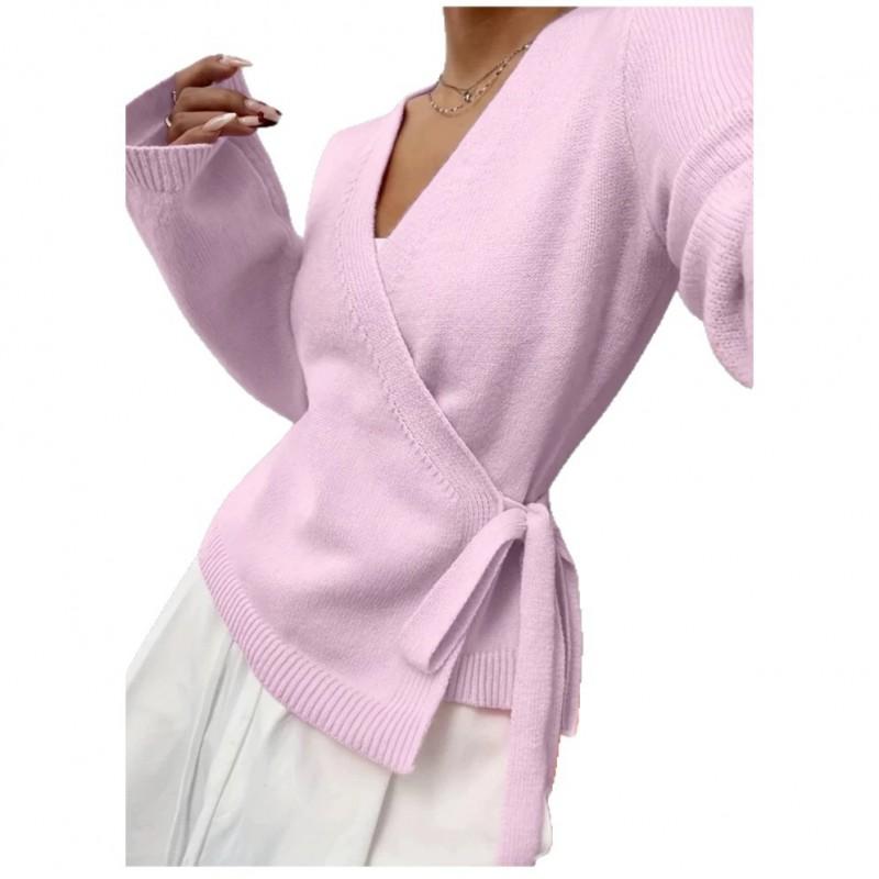 Womens V-Neck Cross Wrap Knit Sweater With Tie Detail Long Sleeve Relaxed Fit Cropped Pullover Casual Streetwear