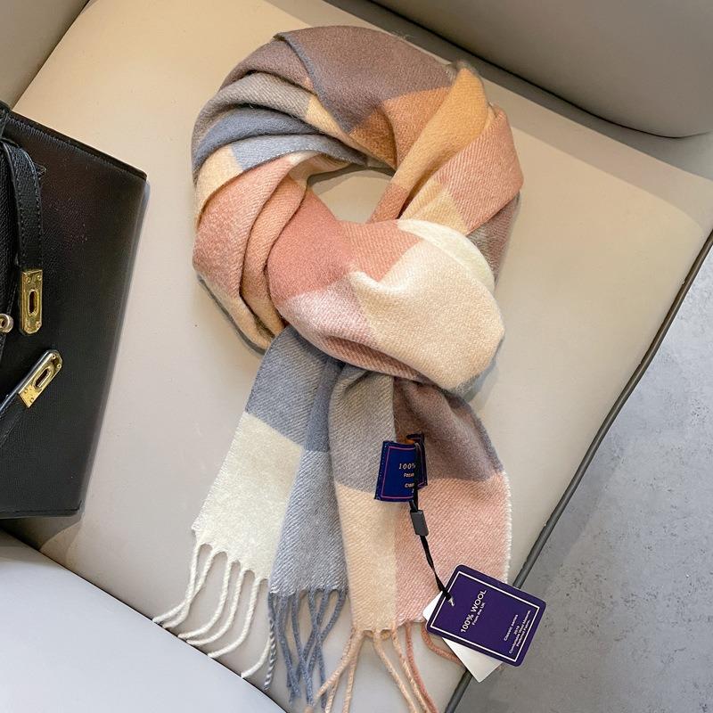 Pure Wool Scarf Women's Autumn and Winter New Fashion Plaid High-end Warm Thickened Cashmere Scarf Gift