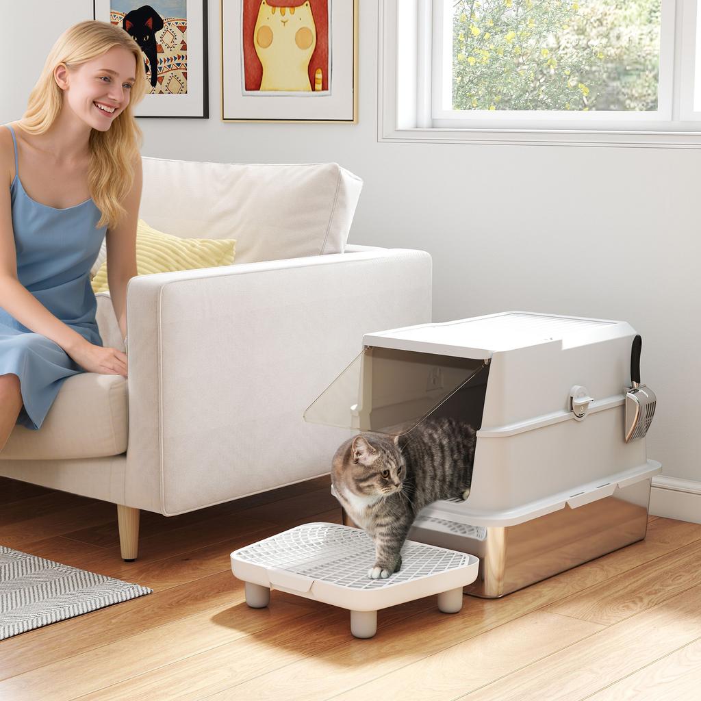 Cat Litter Box, Stainless Steel, XL Interior, with Scoop, Light Gray