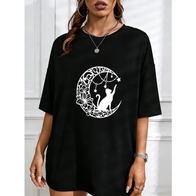 Weißes T-Shirt Mit Katzen- und Mond-Print Für Freizeitkleidung