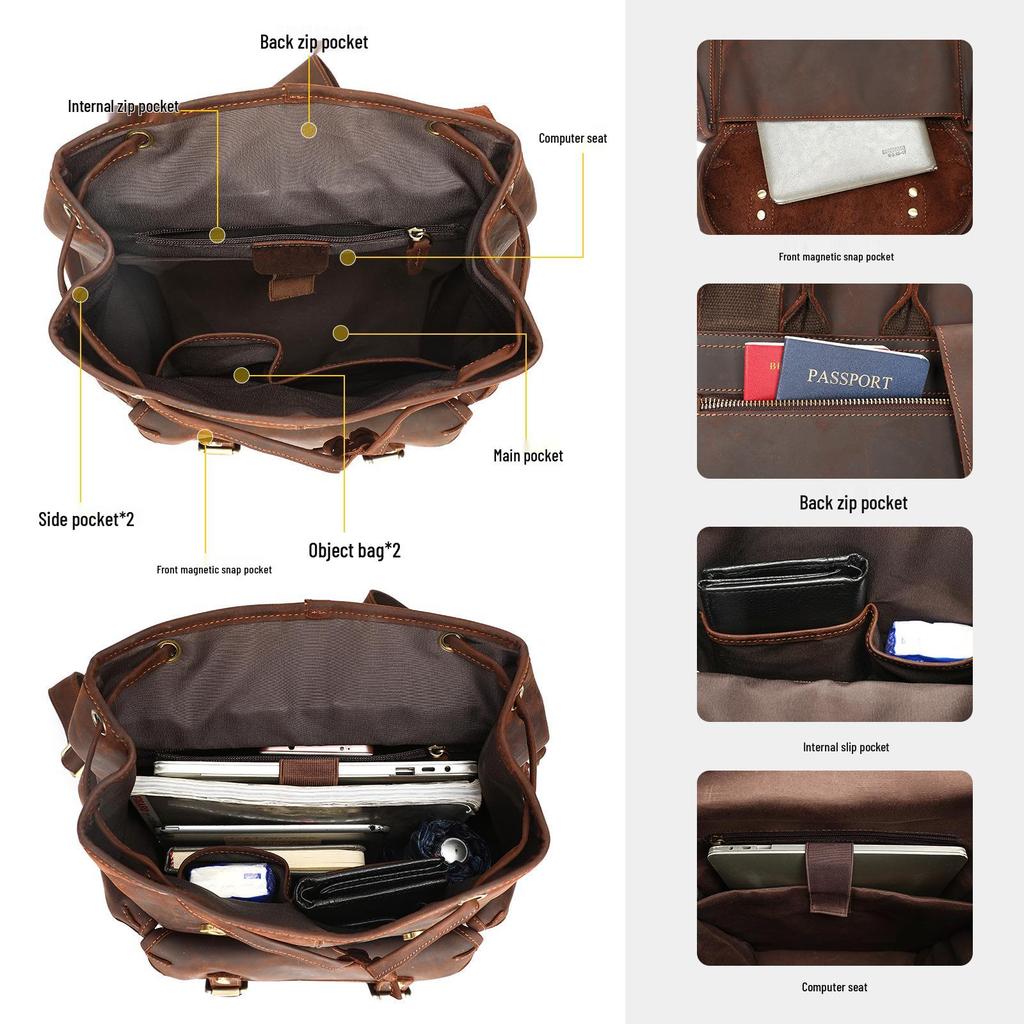 MASIWEI Retro Crazy Horse Leather Travel Backpack - Large Capacity, Genuine First Layer Cowhide for Men