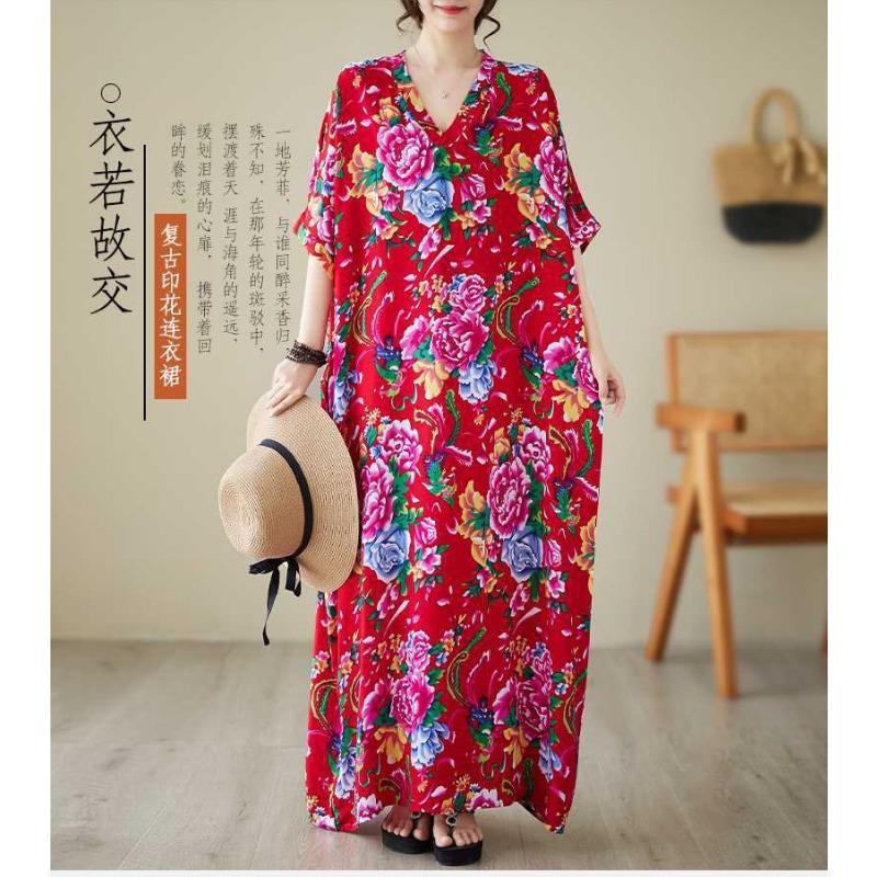 Summer V-neck Cotton Silk Large Size Loose Literary Vacation Style Beach Dresses