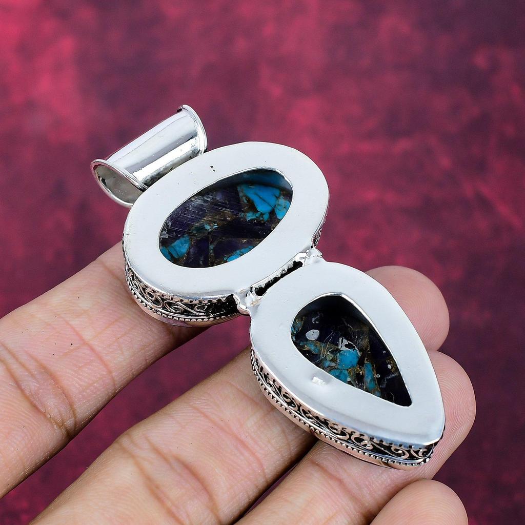Copper Amethyst Turquoise Handmade Gemstone Pendant, 925 Solid Sterling Silver Pendant Antique Jewelry, For Memorial Day