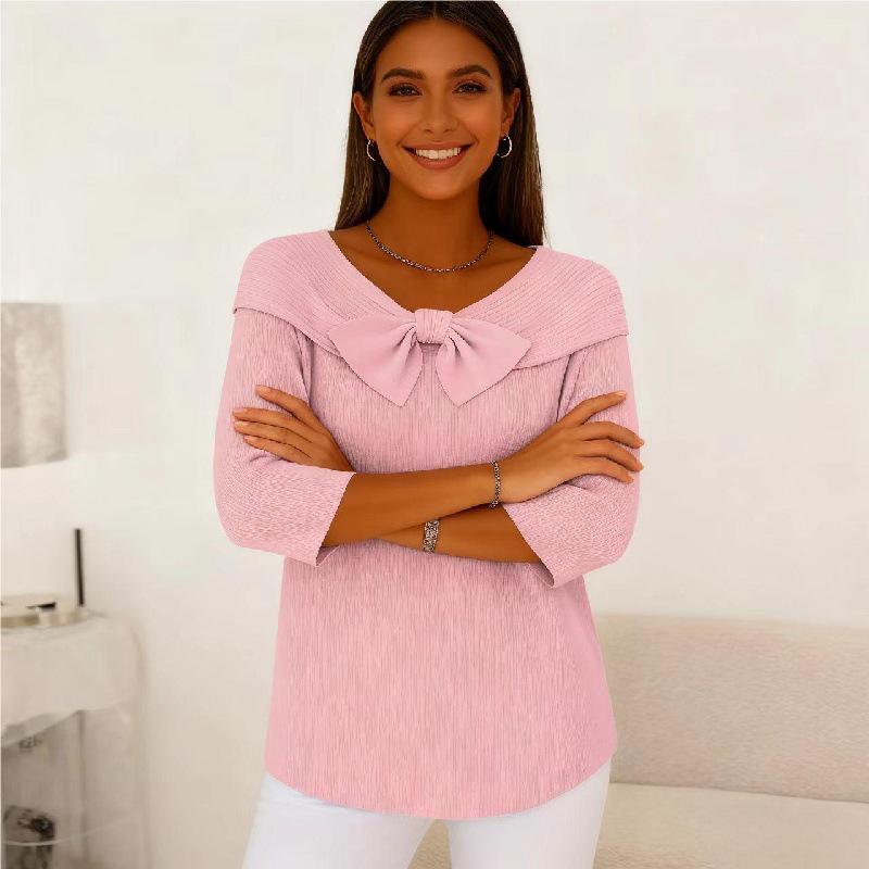 2025 Autumn/Winter Solid Color Bow Knit Sweater - Versatile Casual Women's Fashion