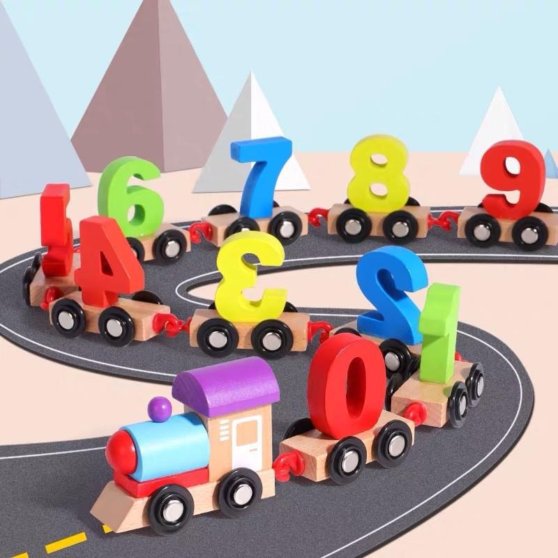 Pull Wooden Along Number Train Toy Kids Early Educational Counting Blocks