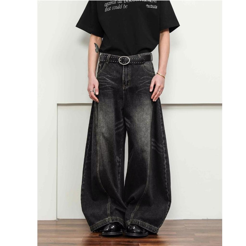 American high street slack ripped jeans men's new men's high waist light color straight loose pants