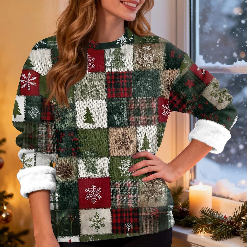 Γυναικείο Μόδα Casual Μακρυμάνικο Χριστουγεννιάτικο Μπλουζάκι με Στρογγυλή Λαιμόκοψη