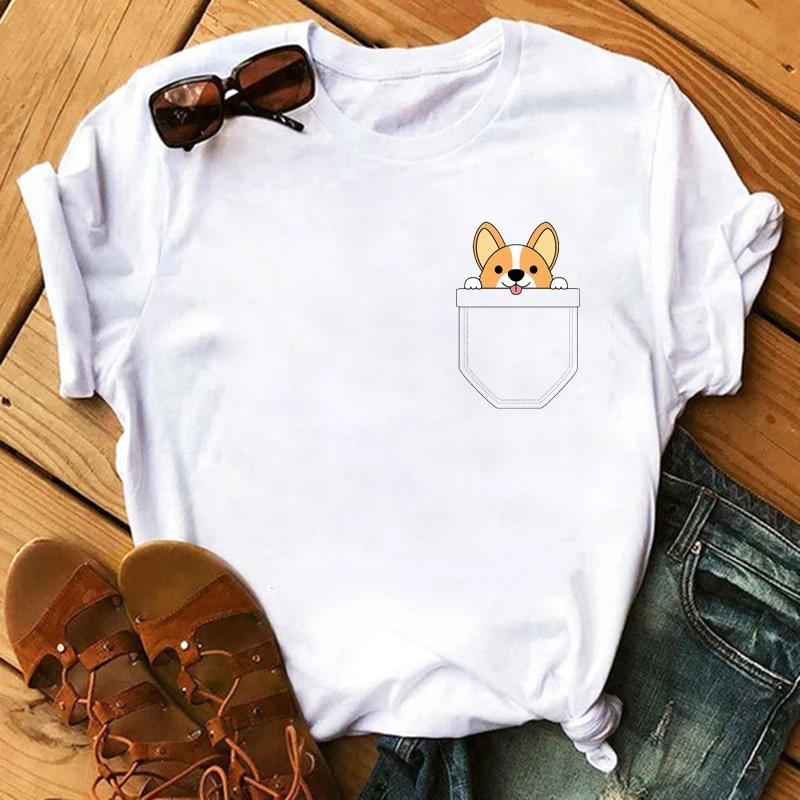 Maycaur Funny Cute Corgi Dog Printed TShirt Harajuku 90s Kawaii Women Short Sleeves T Shirts Tops Graphic Tees Female Tshirt