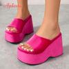 Fashion Aphixta 2025 Summer Thick Sole Slides Platform Women's Shoes Rose Red Stretch Fabric Silk Flip Flops Wedge Shoes Beach Slippers