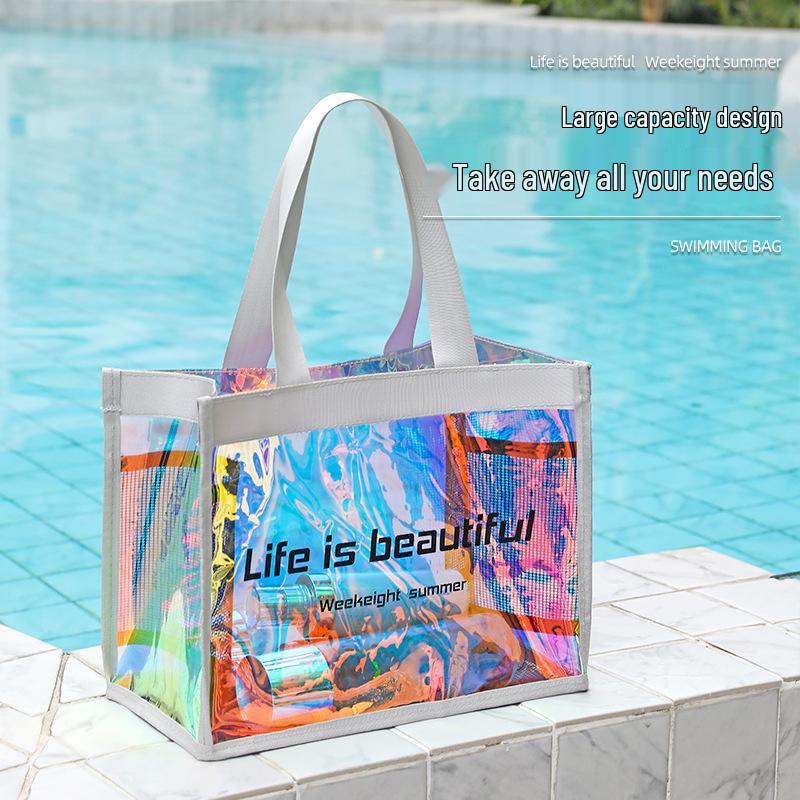 Laser Iridescent PVC Beach Tote - Transparent, Sealed Edge, Multi-Purpose Bag for Shopping, Gifts, and More