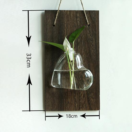 Yousheng Glass Wall Planter Hanging Vase with Wooden Board Oblate Flower Vase for Hydroponics Plants Flowers Home Office Decor