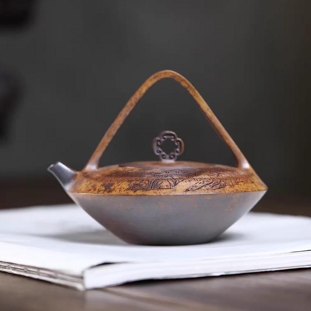 Buddha Handle Yixing Purple Clay Teapot - Dragon Bone Gold Sand, 220cc, Handmade Gongfu Tea Set.
