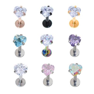 Stainless Steel Heart Claw Cubic Zirconia Lip and Ear Cartilage Stud, 1.2mm Bar, 3-5mm 3A Stones