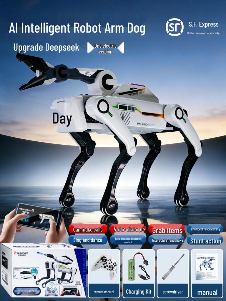 Smart AI Robot Dog with Voice Dialogue, Remote Control, Call Function, Item Pickup & Cannonball Shooter