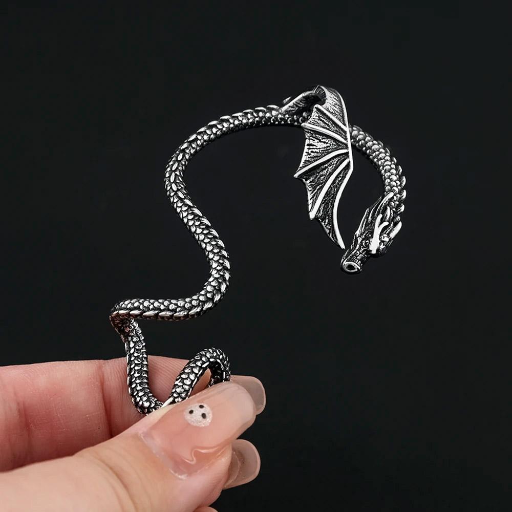 Retro Punk Viking Winged Dragon Stainless Steel Ear Wrap Flying Dragon Ouroboros Clip Earring Unisex Party Stylish Accessory