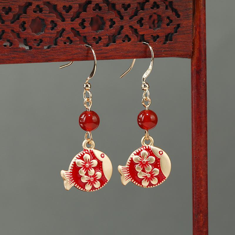 

Нишевый дизайн серьги с красными цветами ретро этнический стиль темперамент универсальные серьги с нефритом серьги в китайском стиле женские