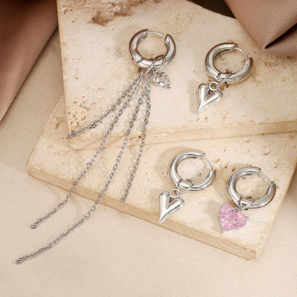 Punk Peach Heart Pendant Earrings for Women Silver Color Simple Fashion Geometric Circular Ear Buckle New Trendy Jewelry Gift