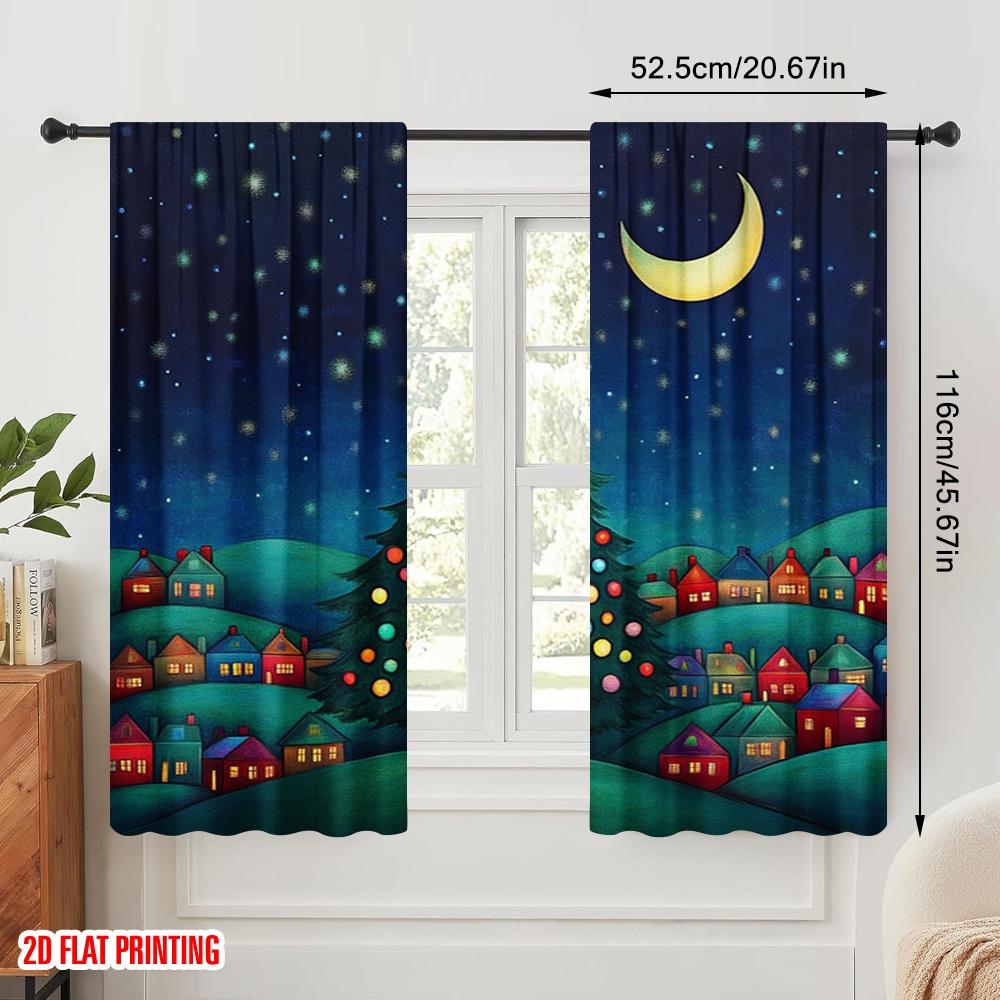 2pcs,2D Plane Printing Popular Curtain Panels Christmas Tree Village Night Polyester (without Rod) Versatile All Perfect for